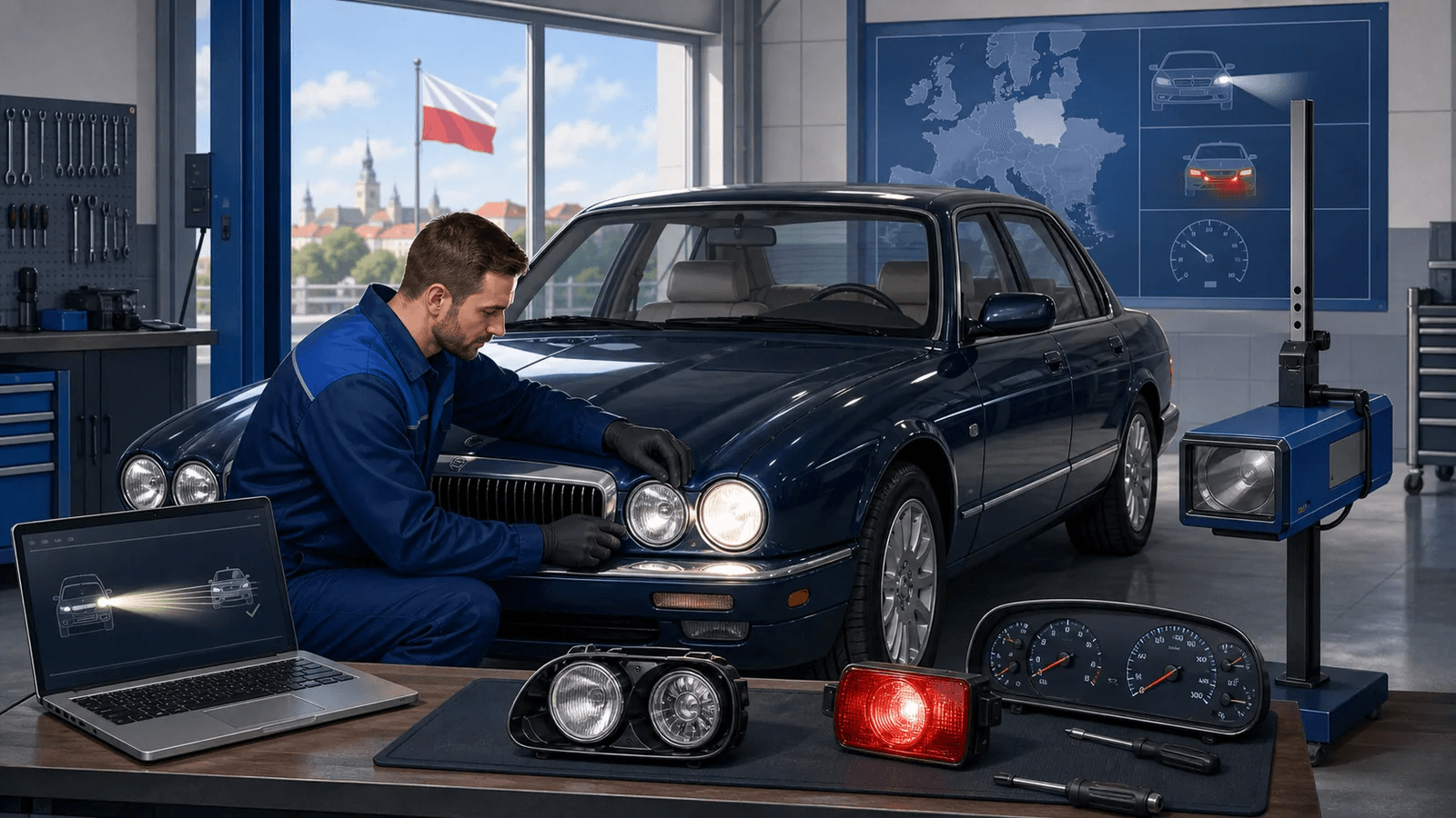 Mechanik dostosowuje światła samochodu z kierownicą po prawej stronie