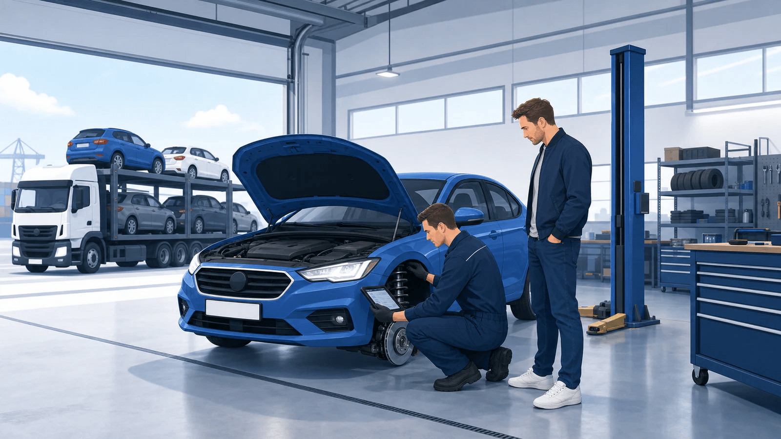 Mechanik ocenia importowany samochód w warsztacie przed rozpoczęciem napraw