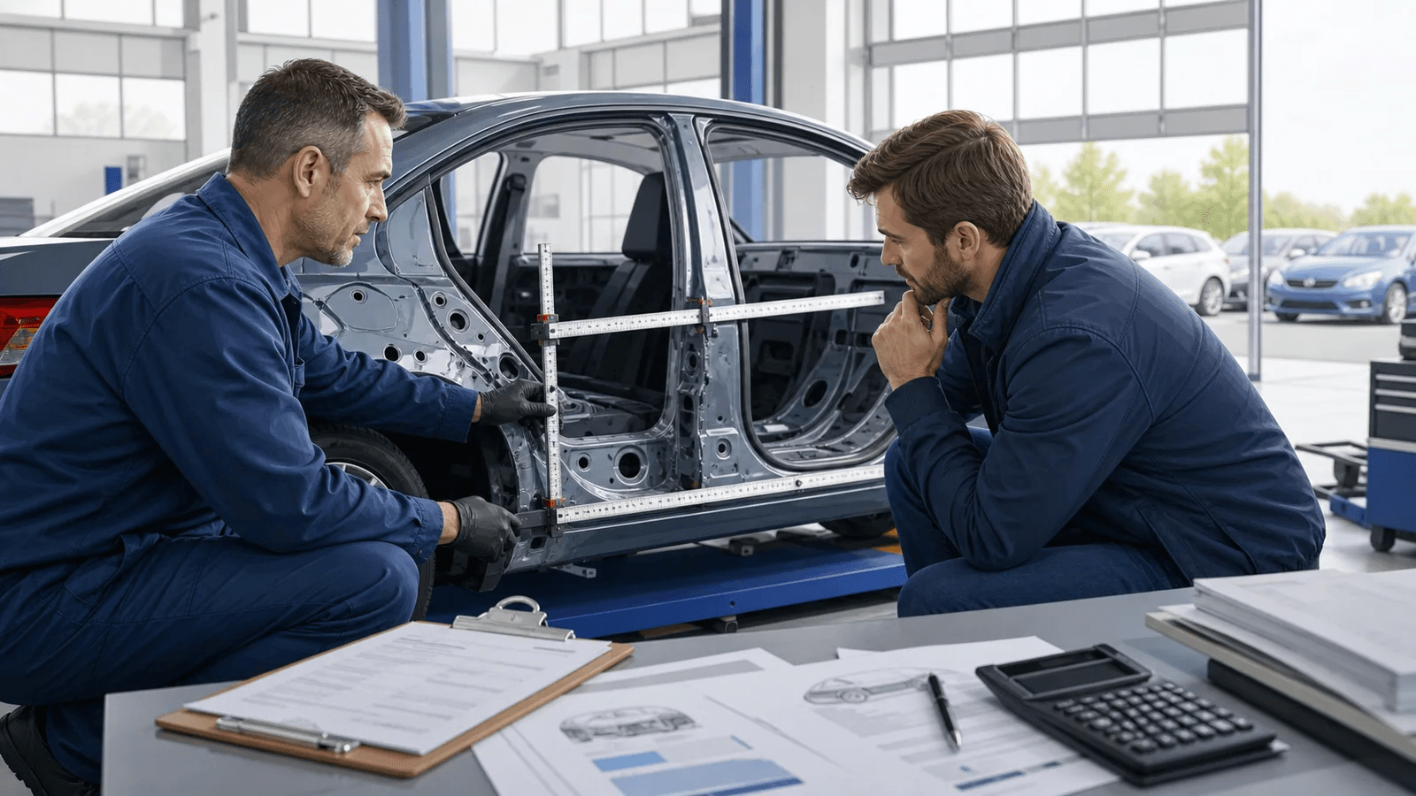 Mechanicy oceniają konstrukcję uszkodzonego auta i plan naprawy
