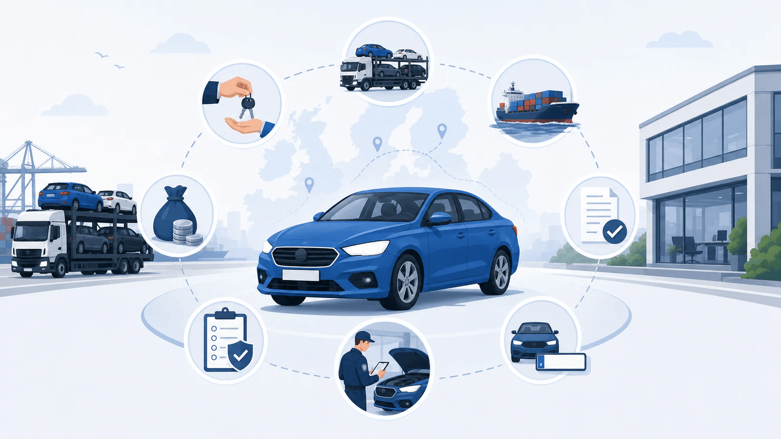 Samochód otoczony symbolami zakupu, transportu, podatków, dokumentów i rejestracji