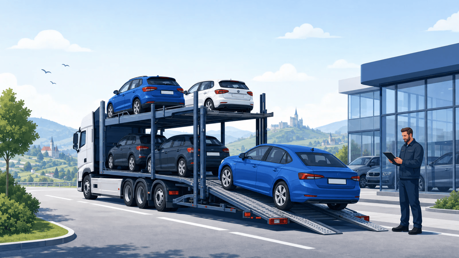 Samochód kupiony w Niemczech ładowany na transporter jadący do Polski
