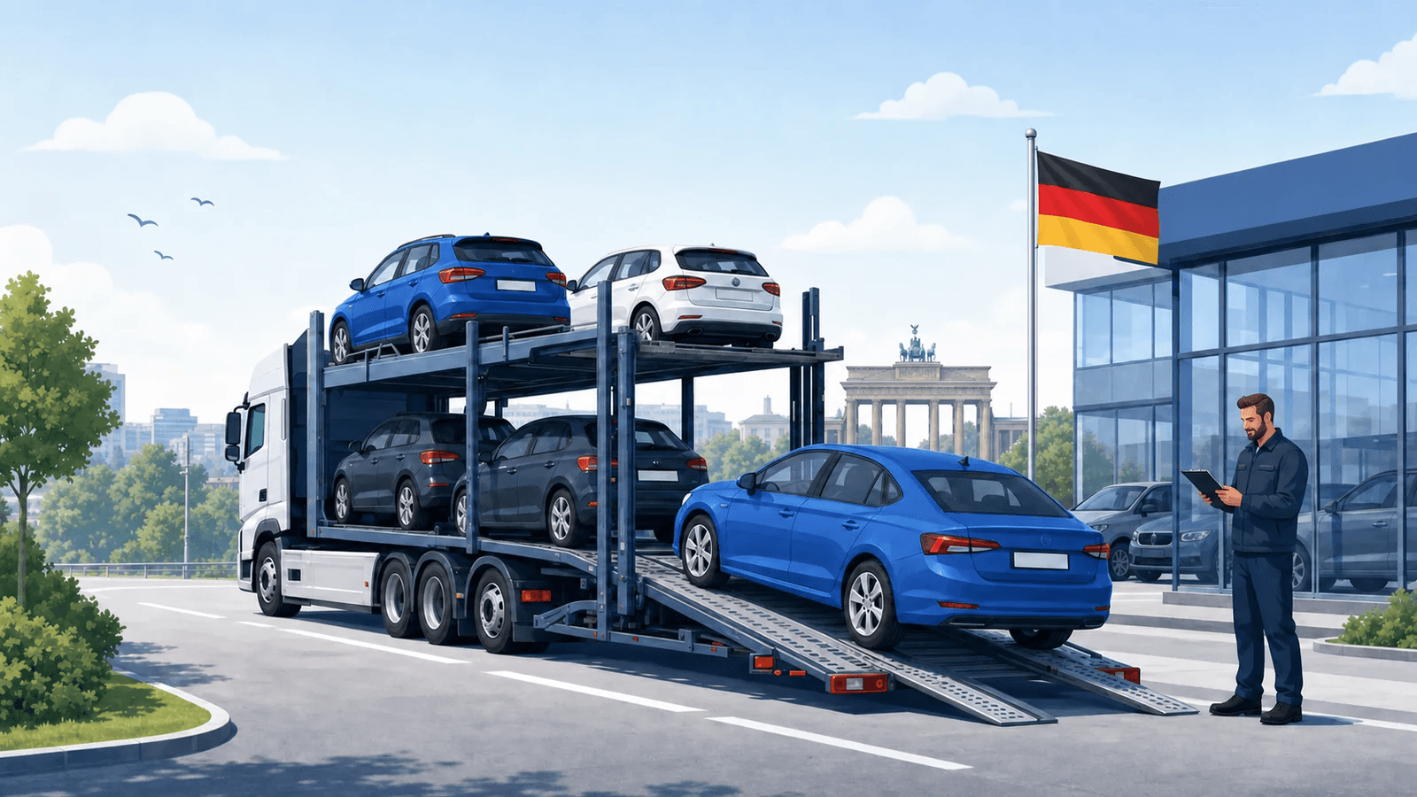 Samochód kupiony w Niemczech ładowany na transporter jadący do Polski