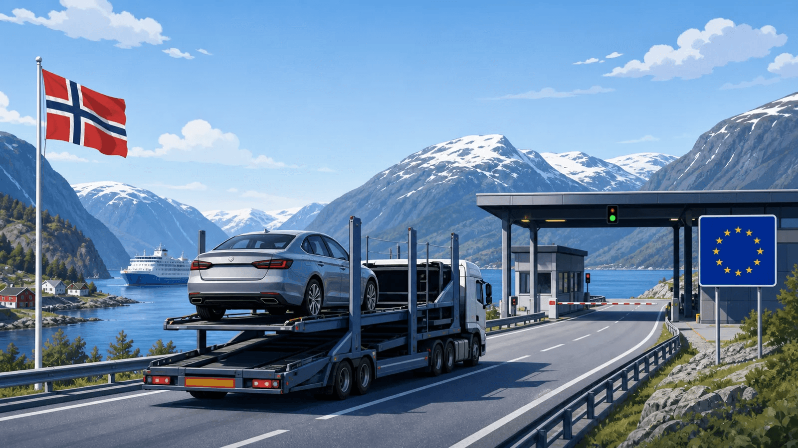 Samochód z Norwegii na transporterze jedzie przez fiordy do Unii Europejskiej