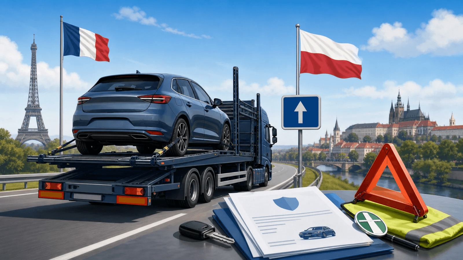 Samochód z Francji zabezpieczony na transporterze jadącym do Polski