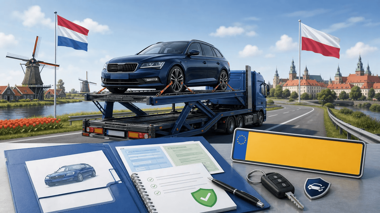 Samochód z Holandii jedzie na transporterze do Polski