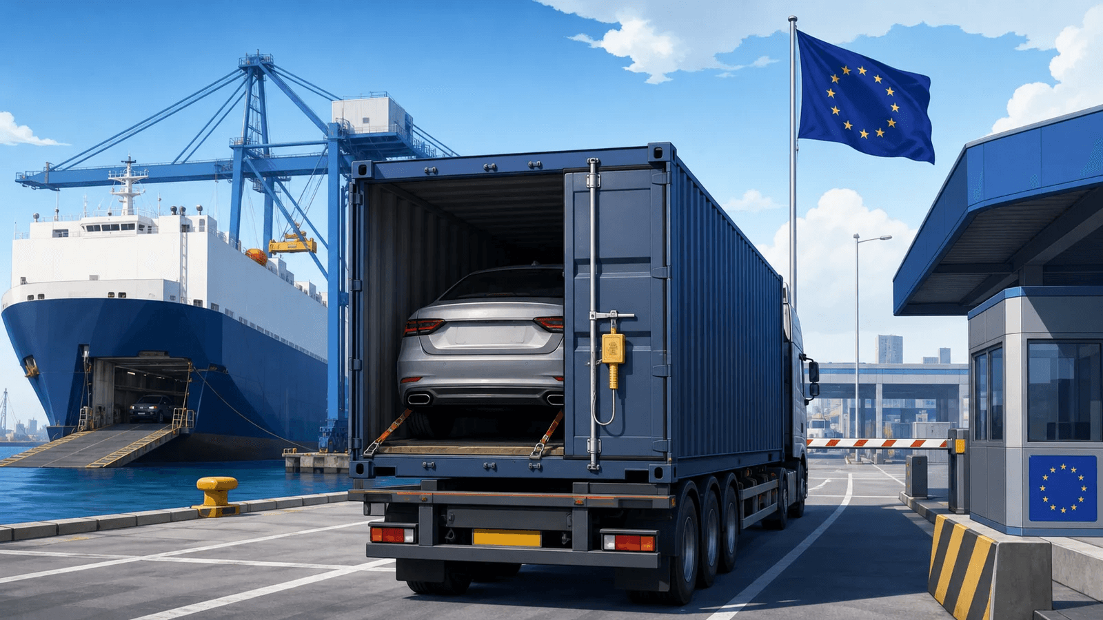 Zaplombowany kontener z samochodem jedzie bezpośrednio do odprawy w Unii Europejskiej